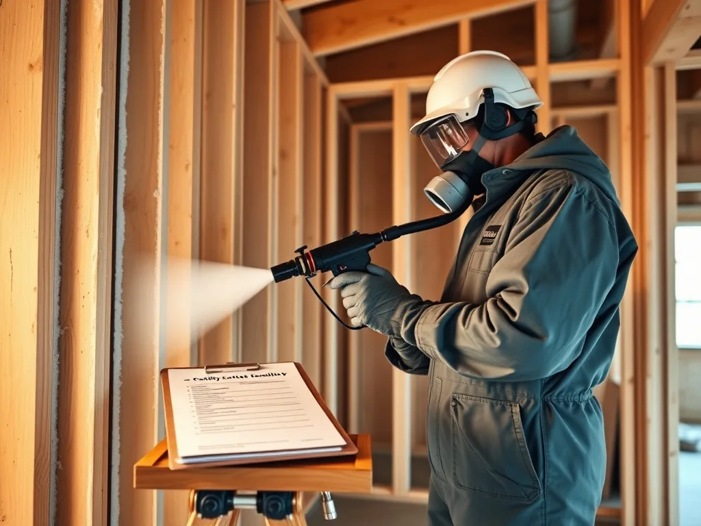 Certified spray foam installer applying closed-cell foam during a quality-checked installation